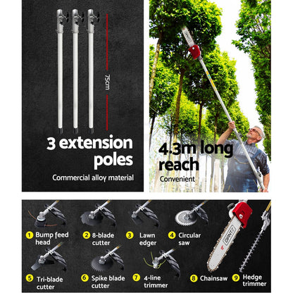 Giantz Pole Chainsaw 2 Stroke Petrol Tree Pruner Long Reach Saw 12 Inch Bar 9 In 1