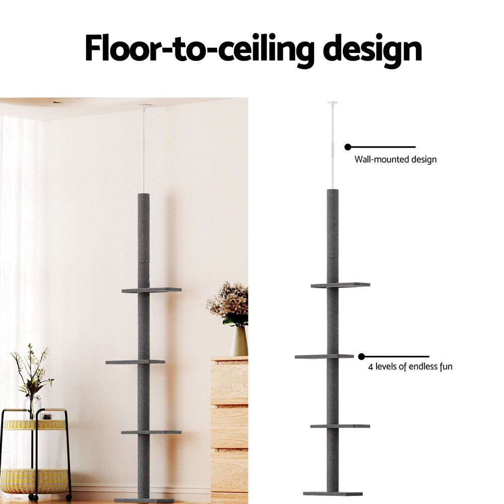 i.Pet Cat Tree 290cm Tower Scratching Post Scratcher Floor to Ceiling Cats Bed Grey