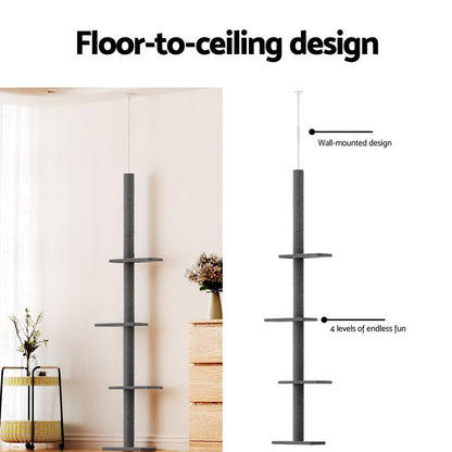i.Pet Cat Tree 290cm Tower Scratching Post Scratcher Floor to Ceiling Cats Bed Grey