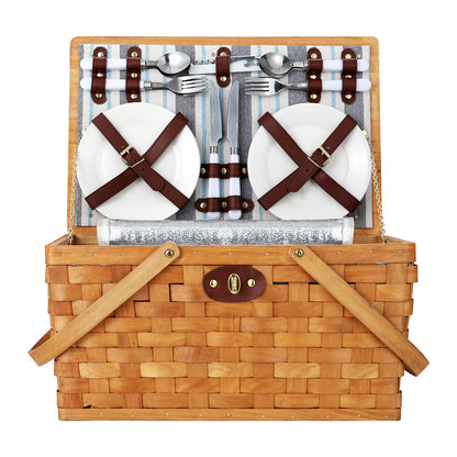 Alfresco 4 Person Picnic Basket Set Wooden Blanket Cooler Bag Outdoor Insulated