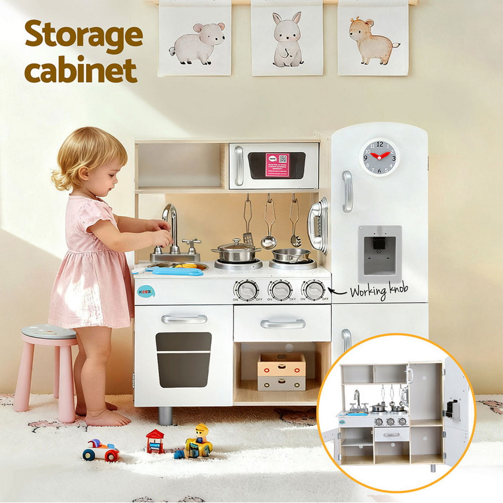 Keezi Kids Kitchen Play Set Wooden Pretend Toys Cooking Children Clock Beige