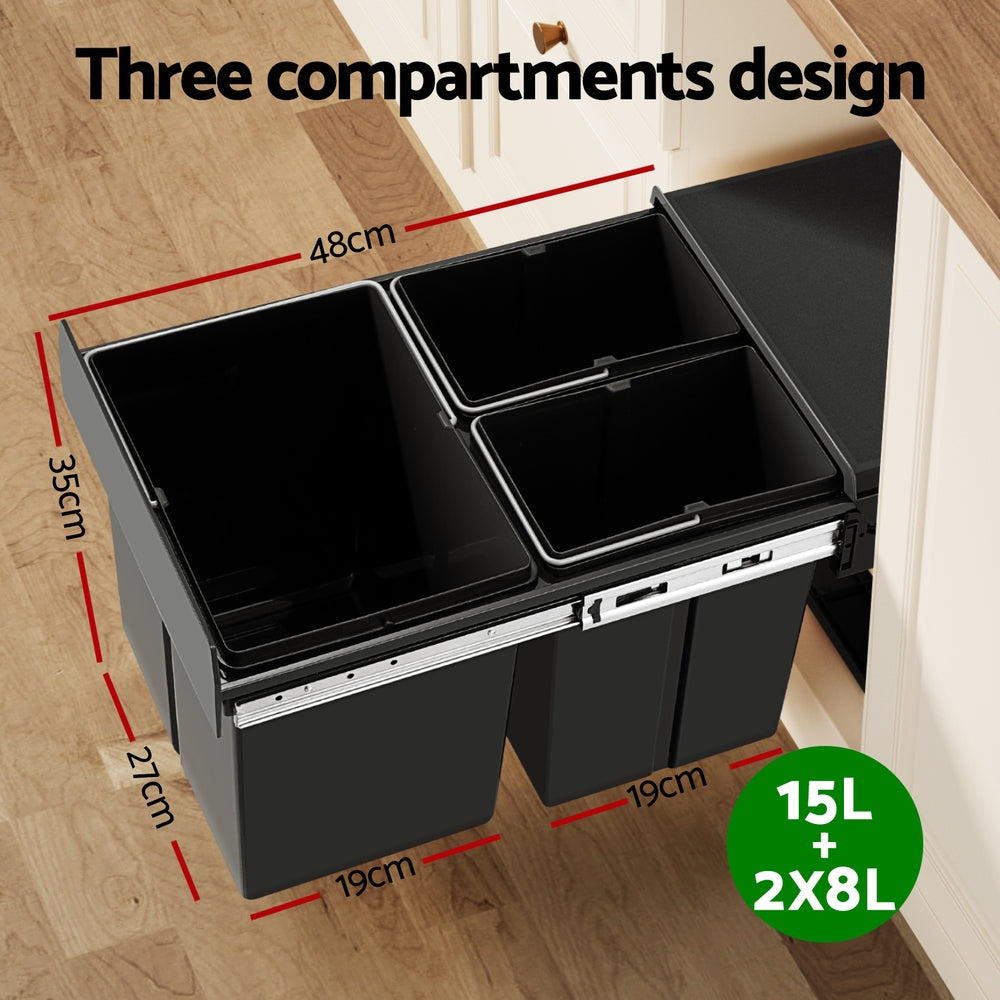 Cefito Pull Out Bin Kitchen Triple Slide Garbage Rubbish Bins Basket Blcak 31L