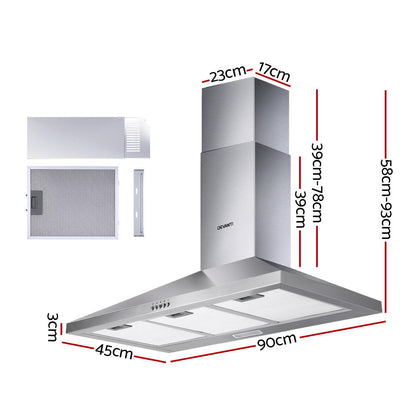Devanti 900mm Range Hood 90cm Rangehood Stainless Steel