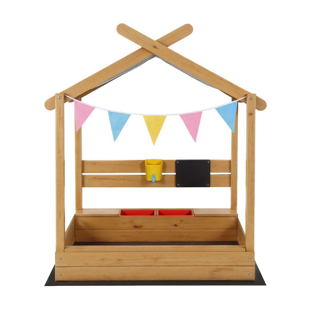 Keezi Kids Sandpit Wooden Sandbox Sand Pit with Canopy Water Basin Toys 146cm