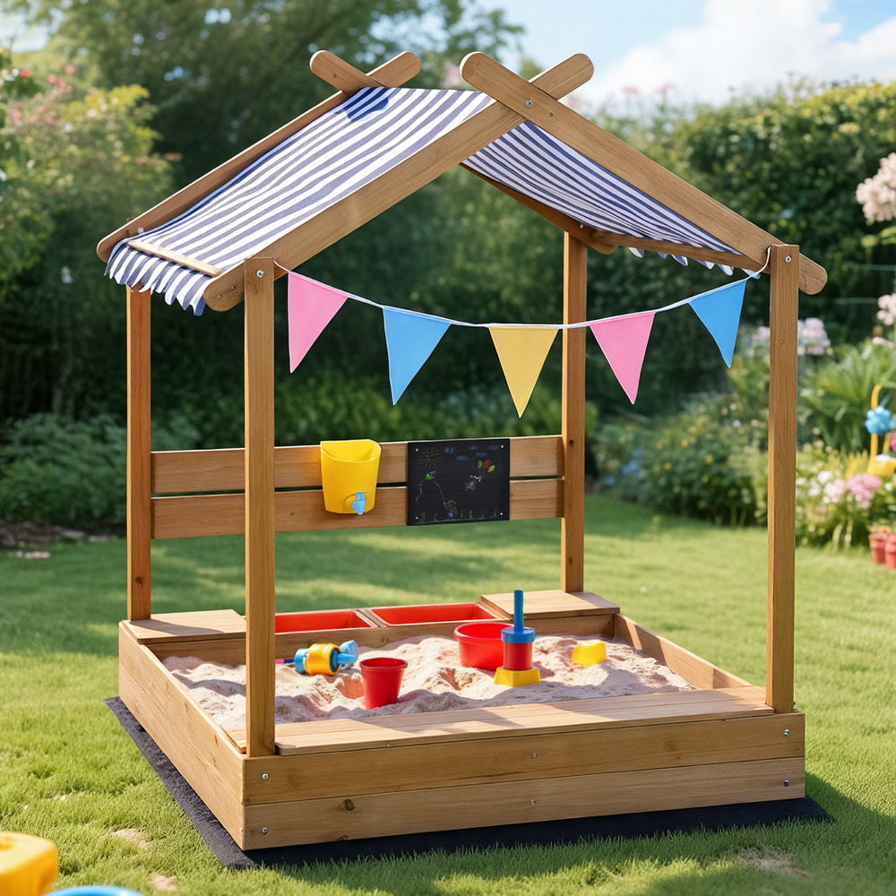 Keezi Kids Sandpit Wooden Sandbox Sand Pit with Canopy Water Basin Toys 146cm