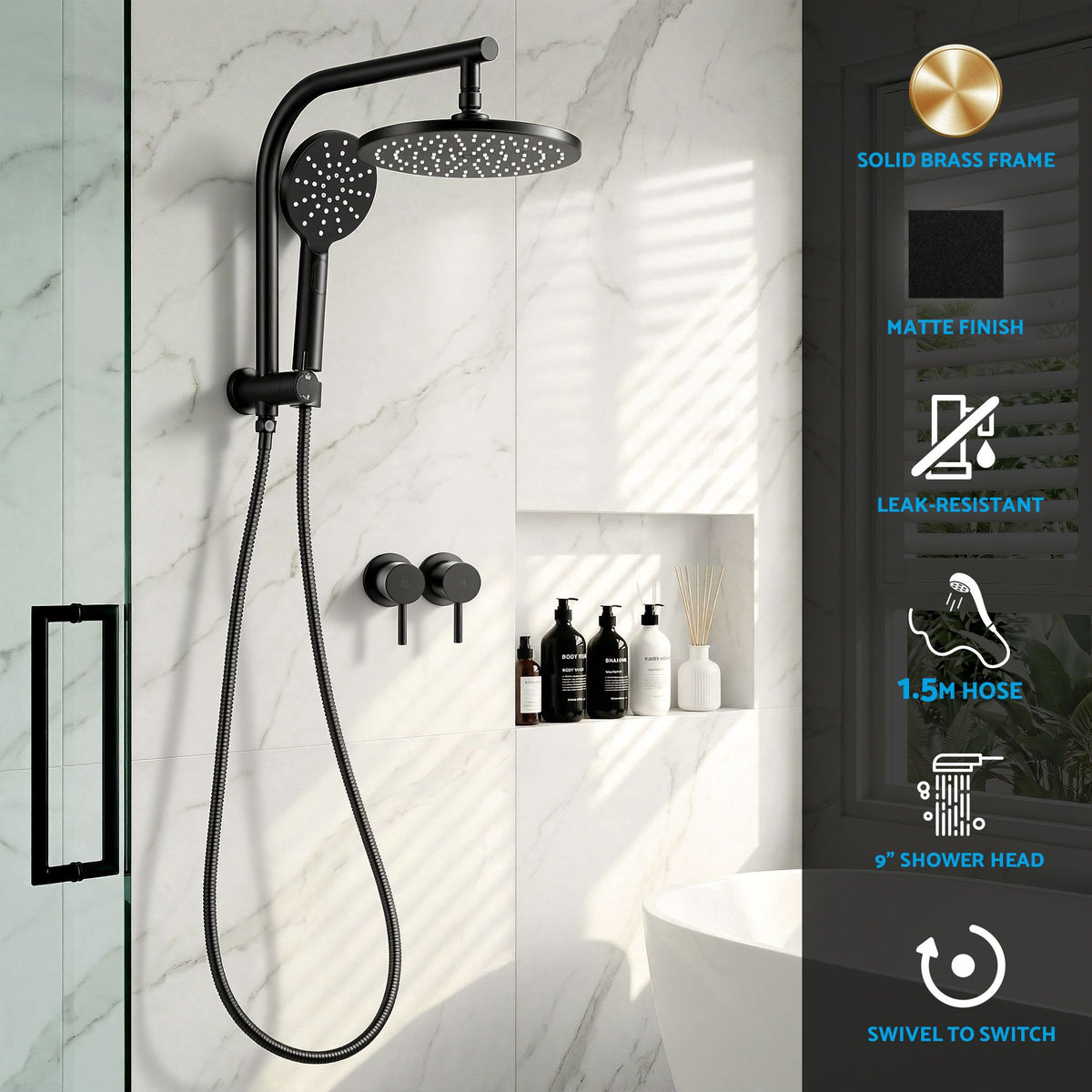 Cefito 9'' Rain Shower Head Set Handheld Round High Pressure Twins Tap Chrome