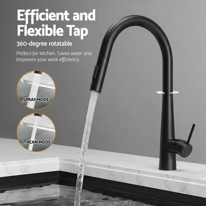 Cefito Stainless Steel Sink 70x45CM With Pull Out Mixer Tap Kitchen Basin Single Bowl Black