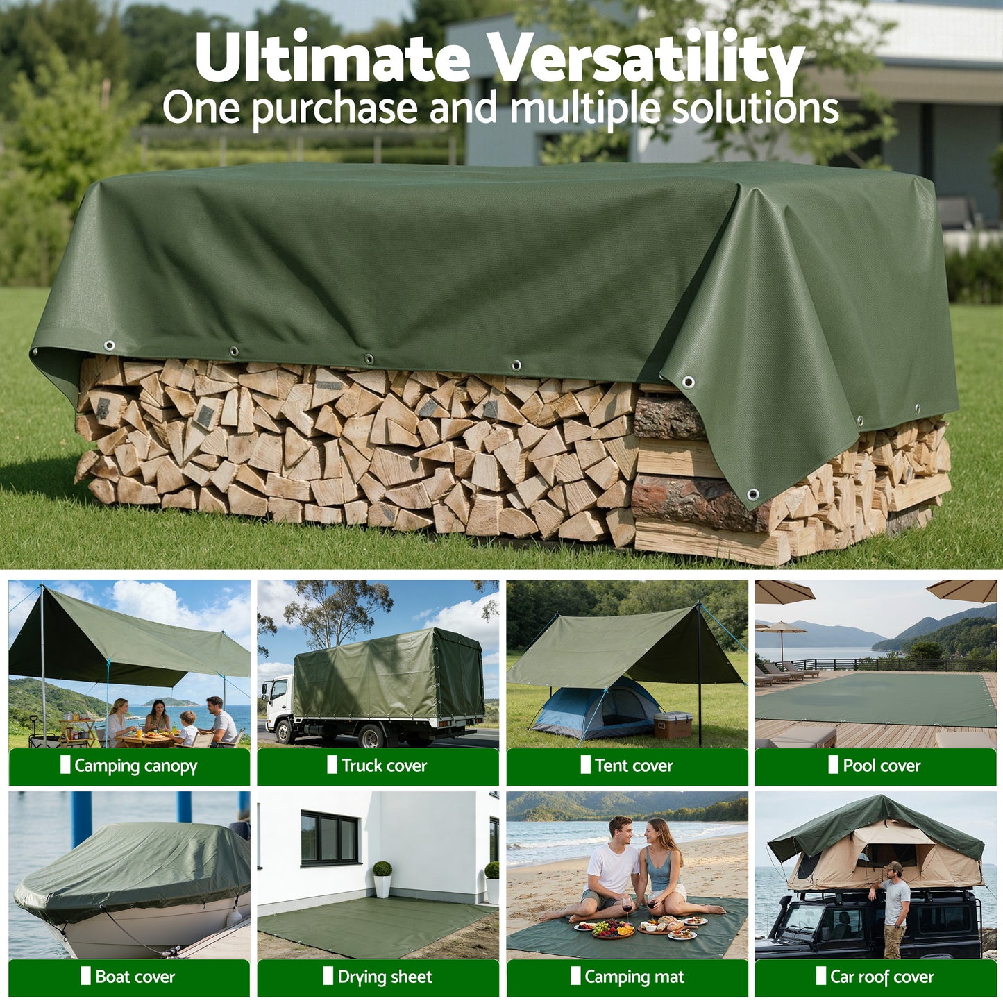 Instahut 2x3m Tarp Tarpaulin 600GSM Camping Canvas Heavy Duty Water Resistant