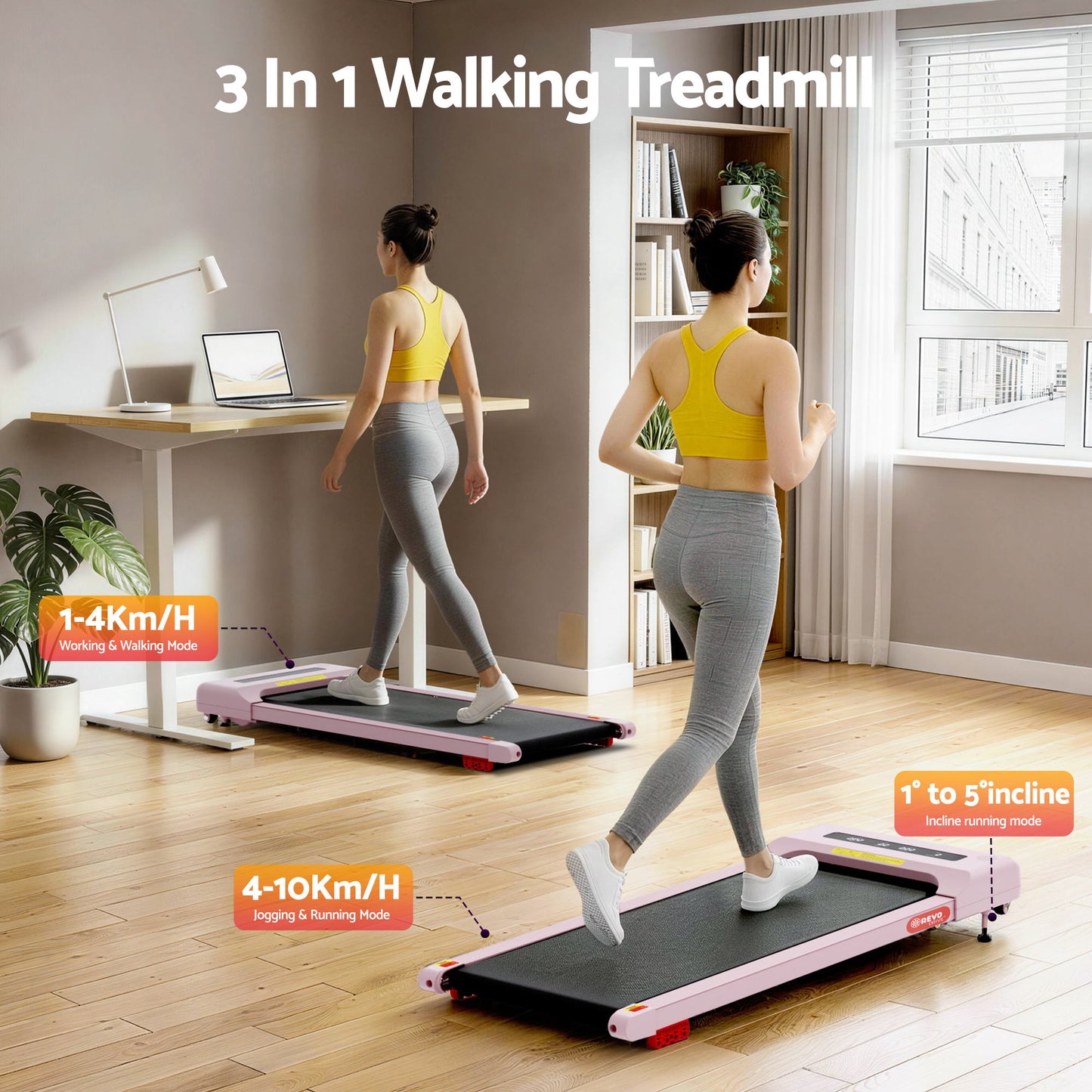 Everfit Treadmill Electric Walking Pad Incline Under Desk Home Gym 380mm Pink