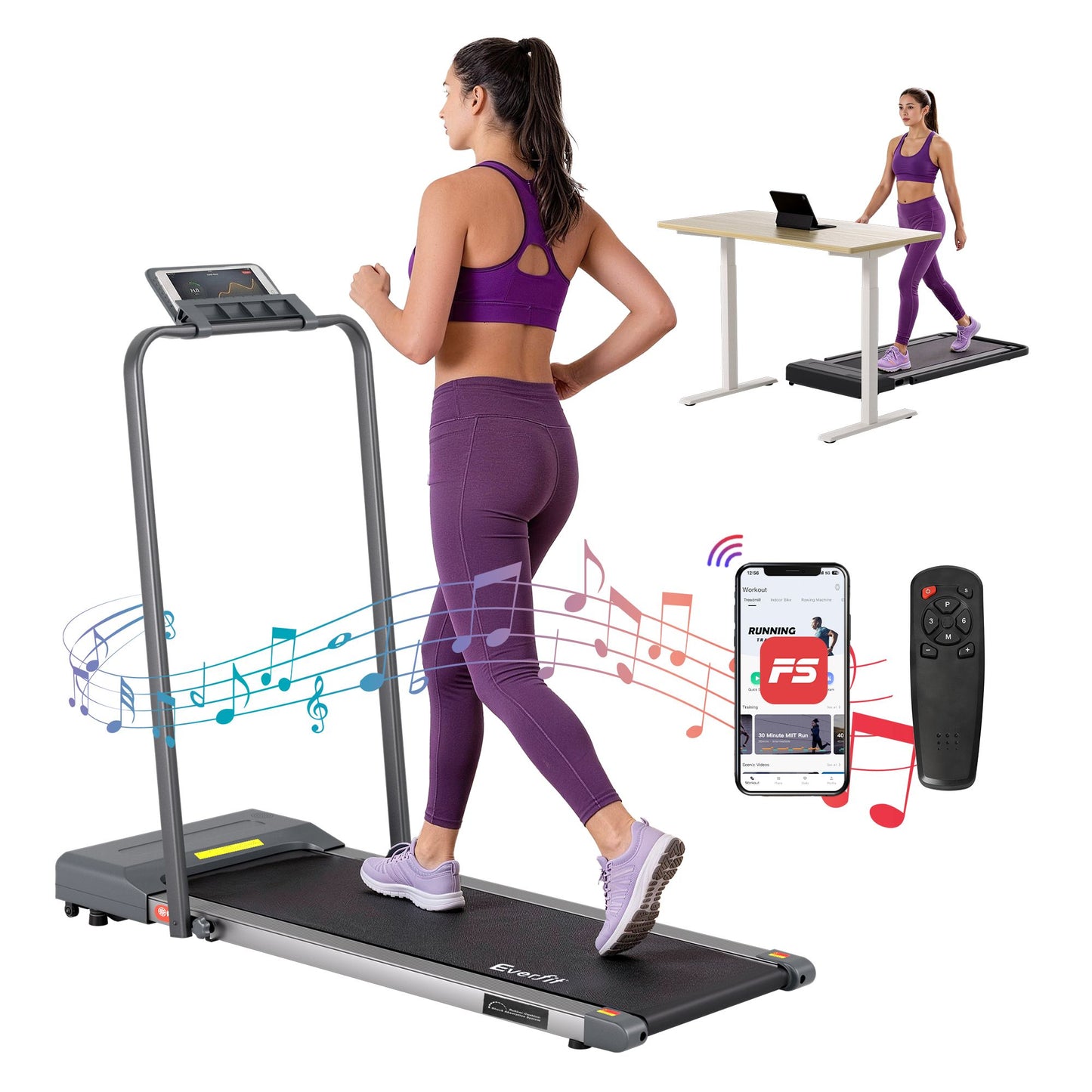 Everfit 2 in 1 Treadmill Electric Walking Pad Under Desk Home Gym Fitness 380mm Grey