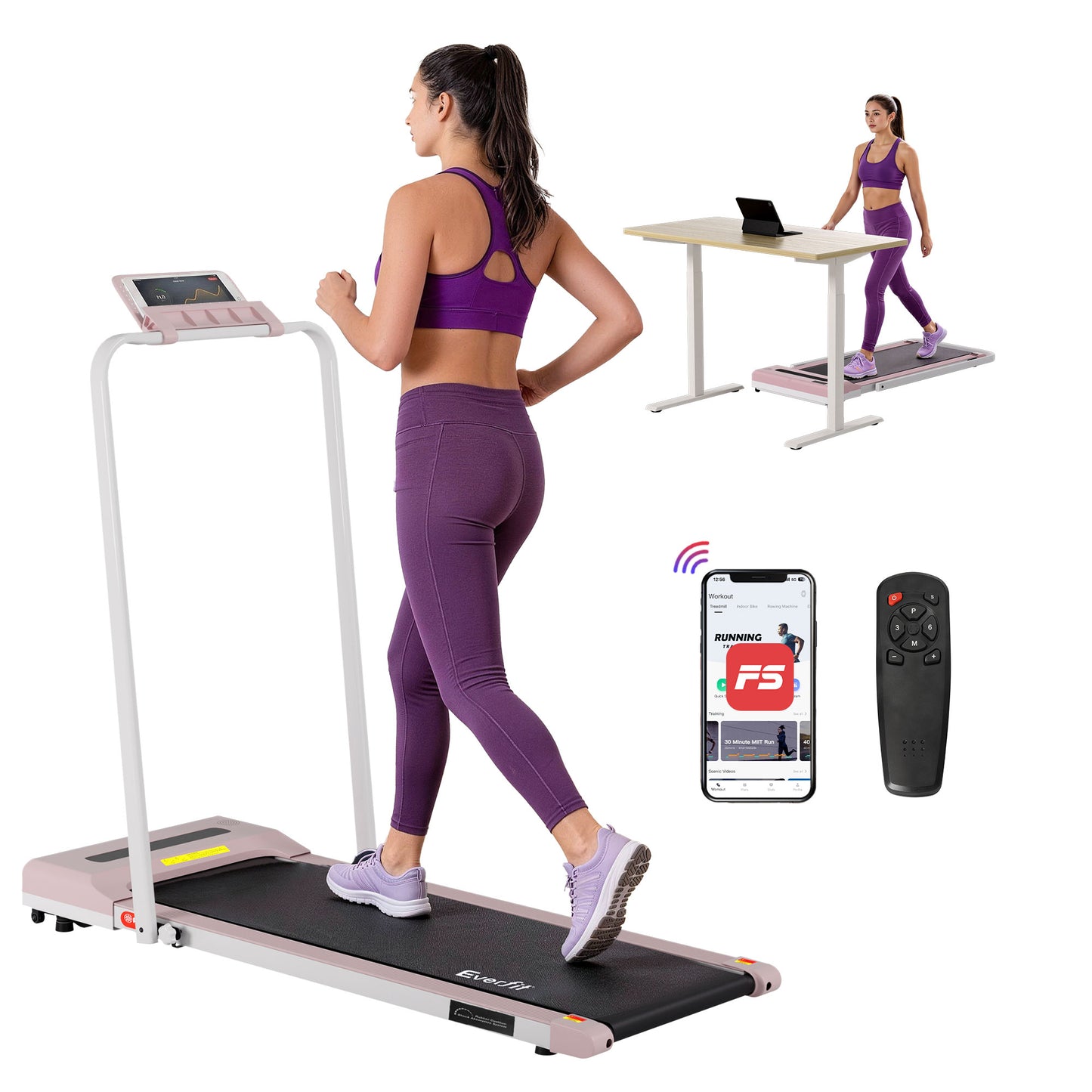 Everfit Treadmill Electric Walking Pad Under Desk Home Gym Fitness 380mm Pink