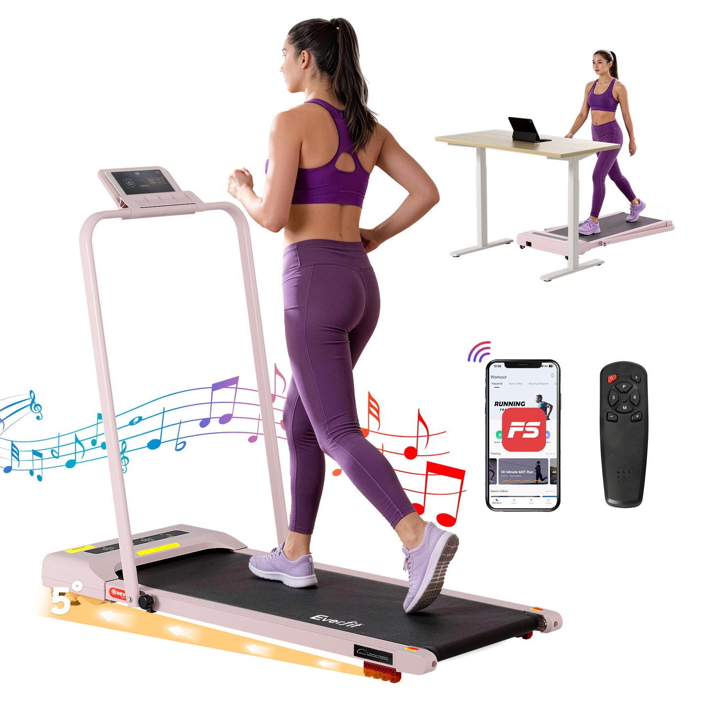 Everfit Treadmill Electric Walking Pad Incline Under Desk 380mm Pink