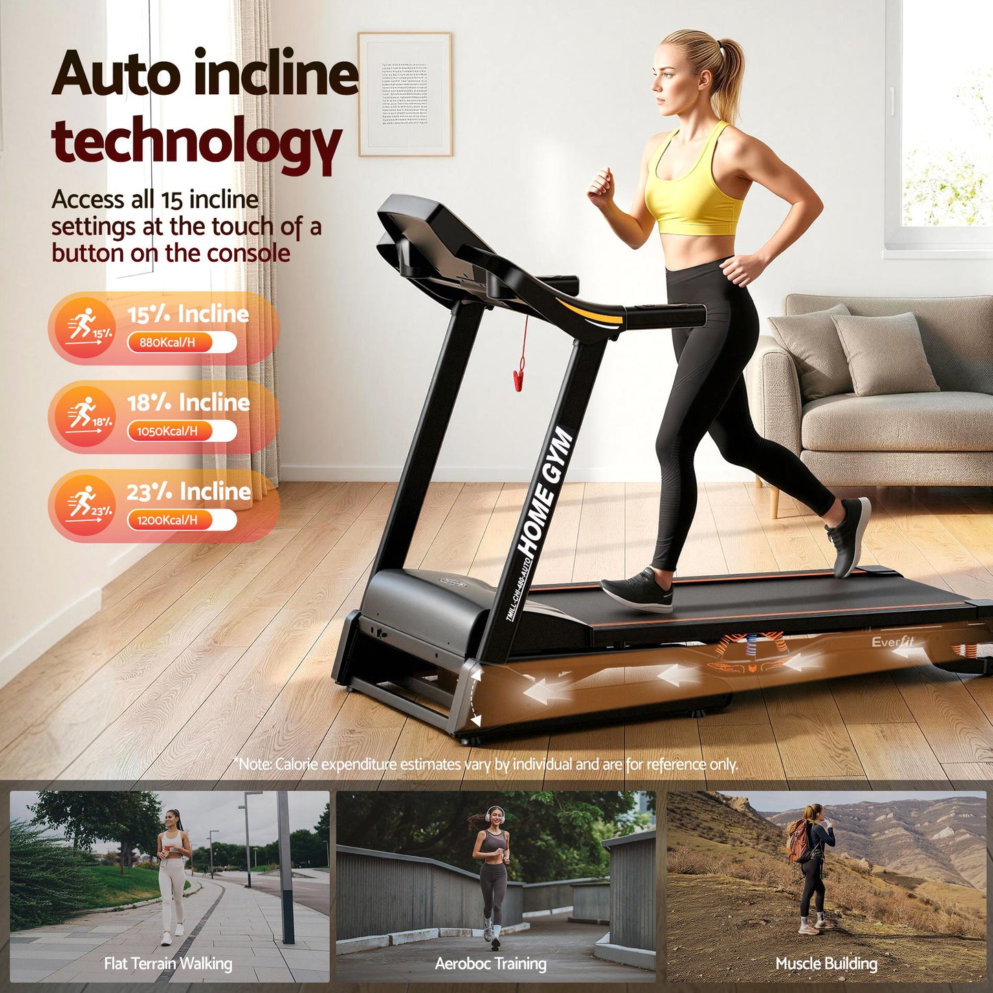 Everfit Treadmill Electric Auto Incline Home Gym Fitness Exercise Machine 480mm