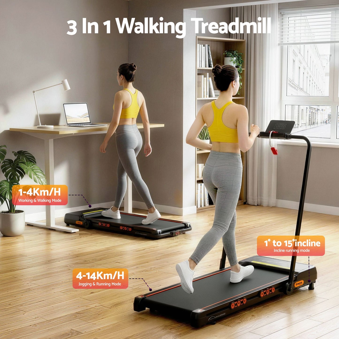 Everfit 3 in 1 Treadmill Electric Walking Pad Auto Incline Foldable for Home Gym Black
