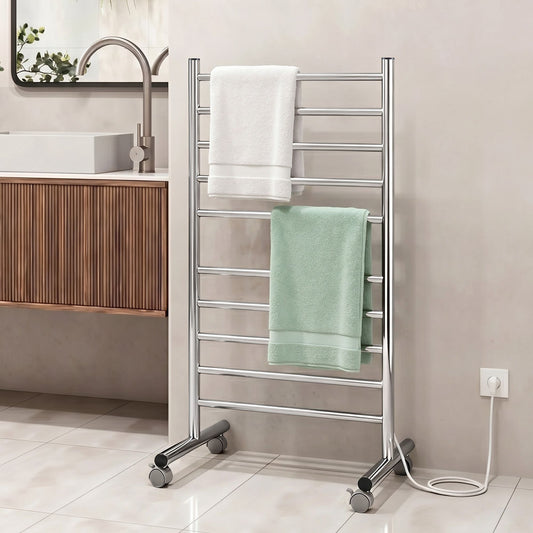 Devanti 10-Bar Freestanding Heated Towel Rail 3-5 Mins Fast Heating Electric Towel Warmer for Bathroom Winter Drying Stainless Steel Plug In 100W