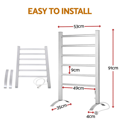 Devanti Electric Heated Towel Rail Rack 6 Bars Freestanding Clothes Dry Warmer