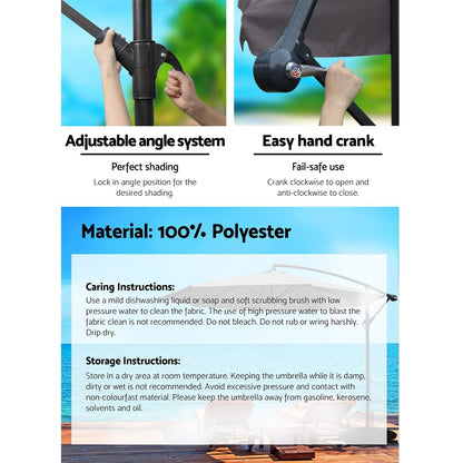 Instahut 3m Outdoor Umbrella Cantilever Beach Garden Patio Charcoal