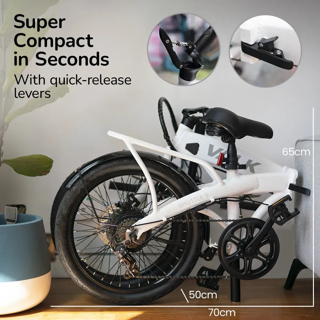 VALK Shuttle 5 Electric Folding Bike, Gen II, 20" Tyres, Shimano 7-Speed, White