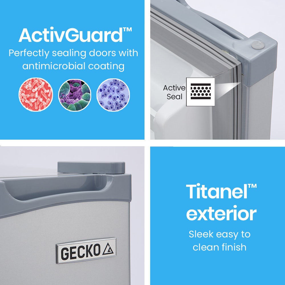 GECKO 95L Portable Upright Fridge and Freezer, 12V/24V for Camping, Caravans, Silver