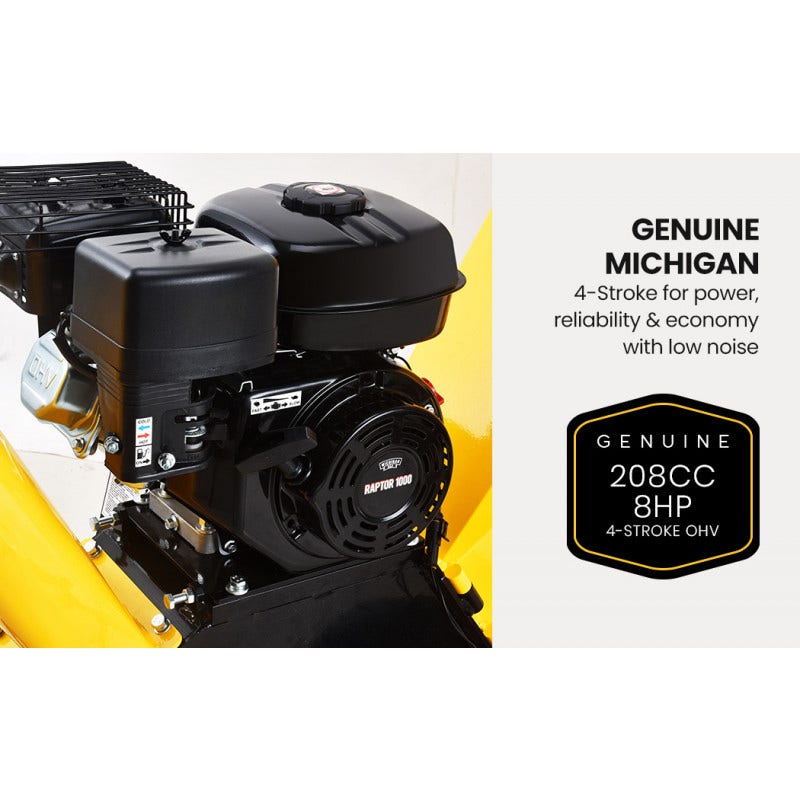 MICHIGAN 8HP 208cc Petrol Commercial Wood Chipper, Tree Mulcher - Raptor 1000