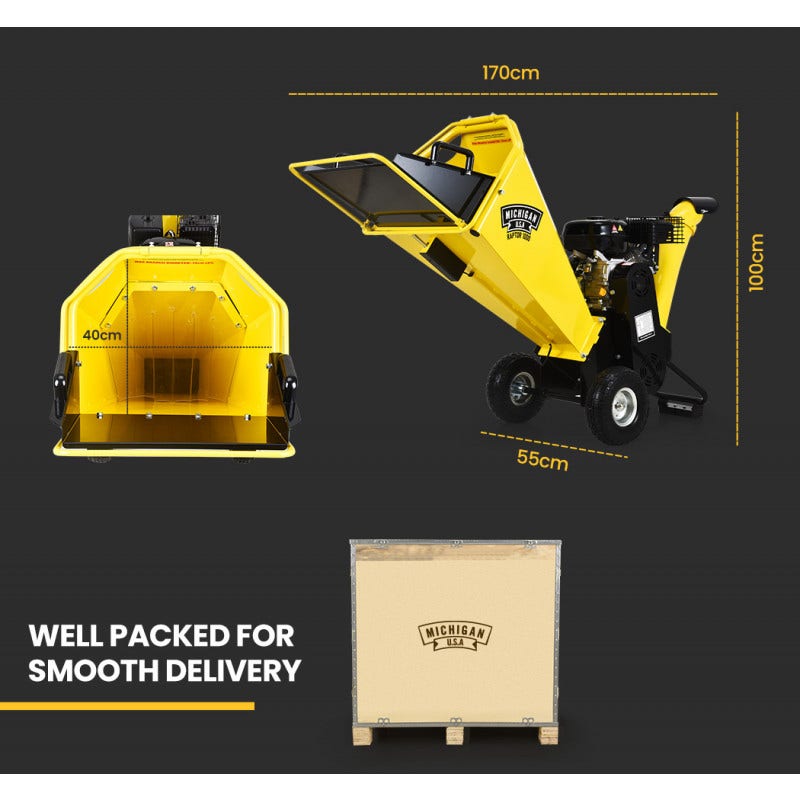 MICHIGAN 8HP 208cc Petrol Commercial Wood Chipper, Tree Mulcher - Raptor 1000