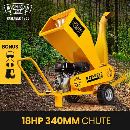 MICHIGAN 18HP 420cc Petrol Commercial Wood Chipper, Towable, Tree Mulcher - Ravenger 1950