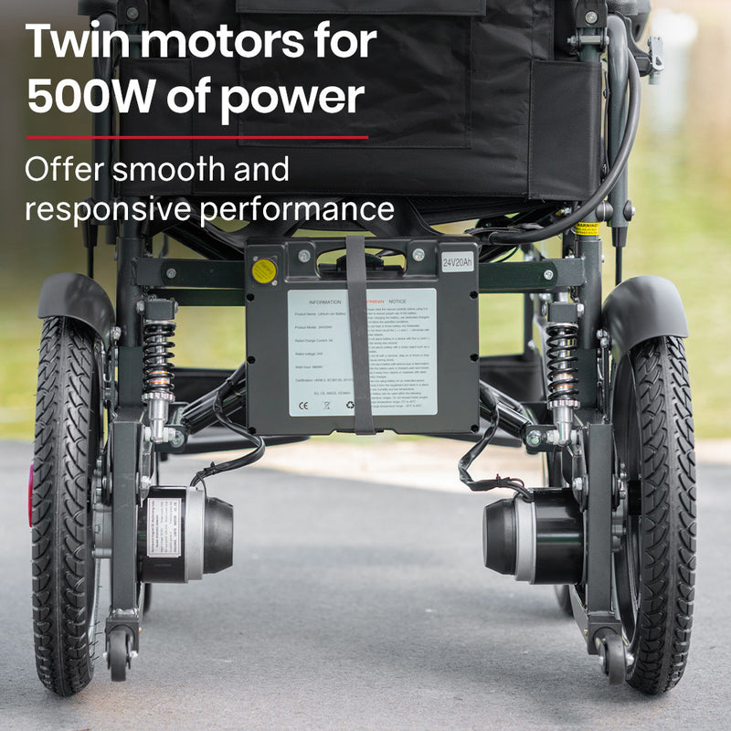 EQUIPMED Electric Folding Wheelchair, Folding, XL Wide Seat, Long Range, Lithium Battery, Black
