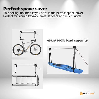 Kayak Hoist - 45kg Garage Ceiling Pulley Lift Storage System Bike Luggage Holder