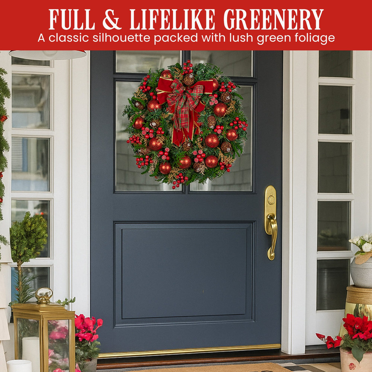 Christabelle Stunning 71cm Christmas Wreath Lush Red Baubles Berries Pine Cones and Bow Front Door Decoration