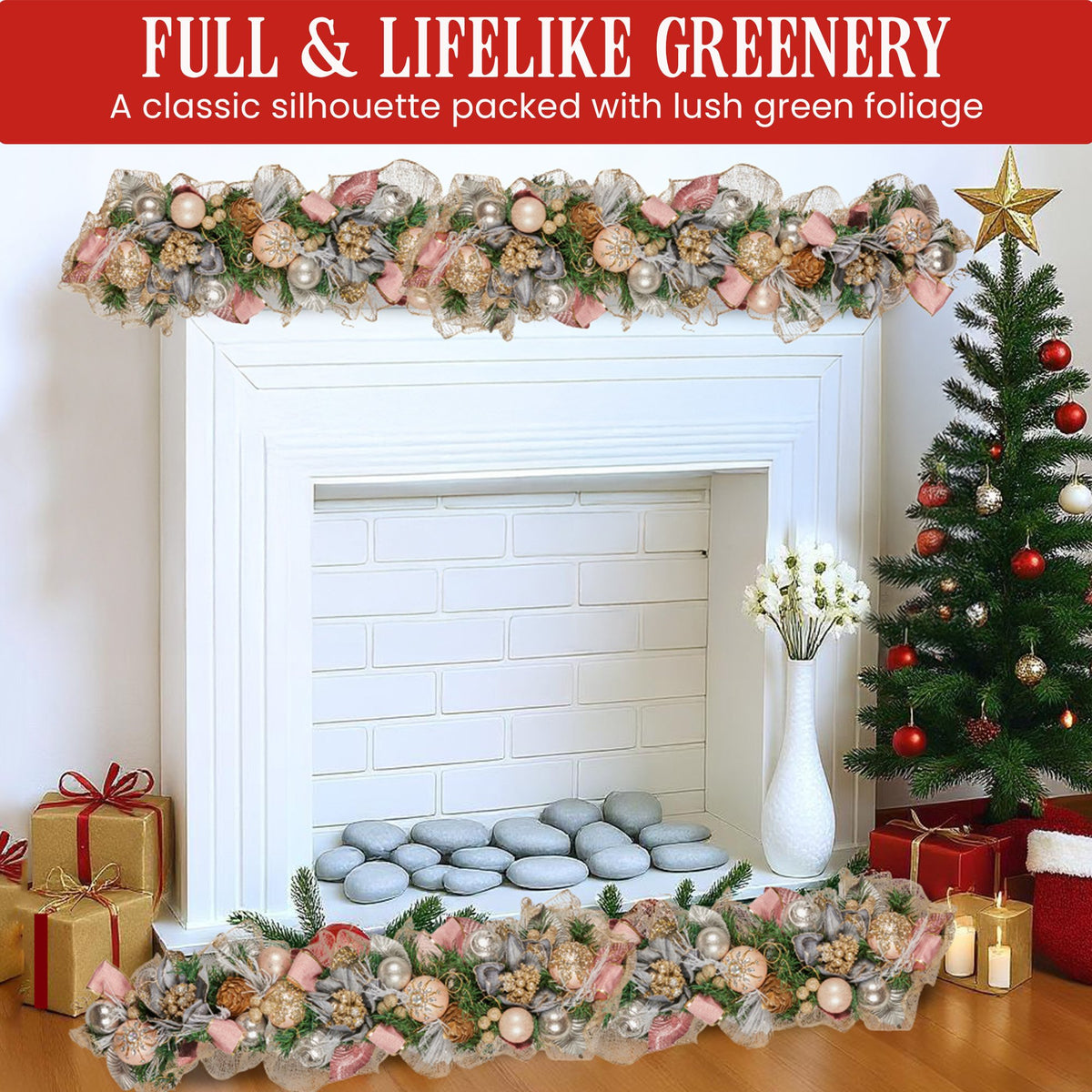 Christabelle Premium 100cm Christmas Garland Jewelled Baubles & Berries Tree Decoration Ornament Pink Silver Gold