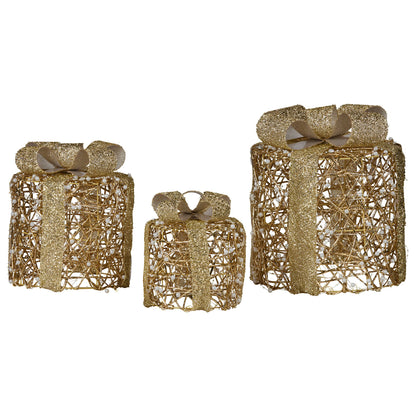Christabelle Set of 3 Christmas Gift Box Display Gold with LED Lights and Bows Decoration Ornament Present