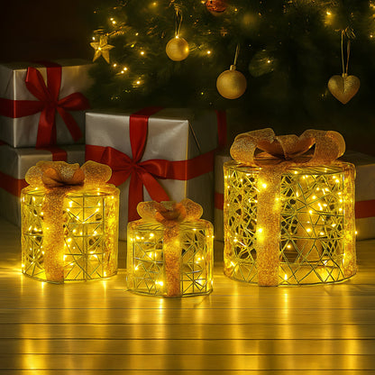 Christabelle Set of 3 Christmas Gift Box Display Gold with LED Lights and Bows Decoration Ornament Present
