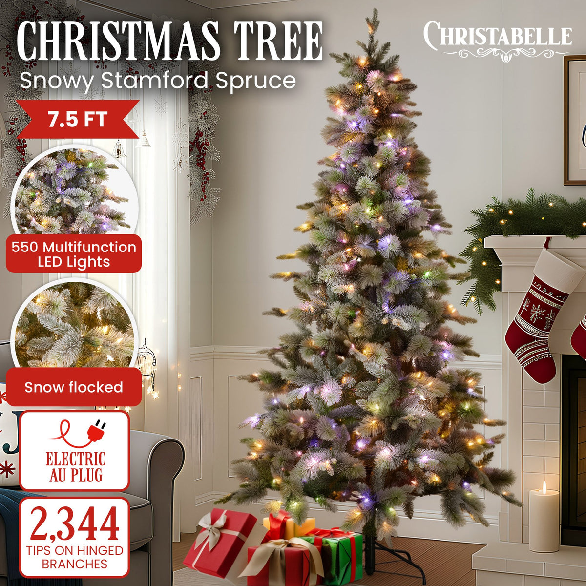 Christabelle Snowy Stamford Spruce 2.3m 7.5ft Christmas Tree Multi Functional White Coloured LED Lights & Foot Pedal