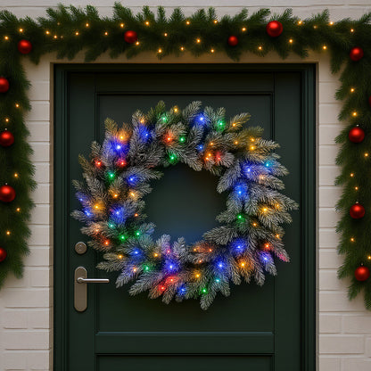 Christabelle 76cm Christmas Wreath Snowy Stamford Spruce with LED Lights Front Door Decoration Ornament