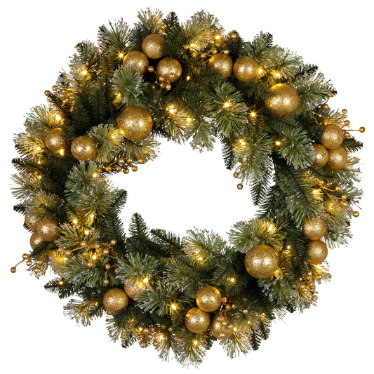 Christabelle 76cm Christmas Wreath Glittery Tipped with LED Lights and Golden Baubles Front Door Decoration Ornament