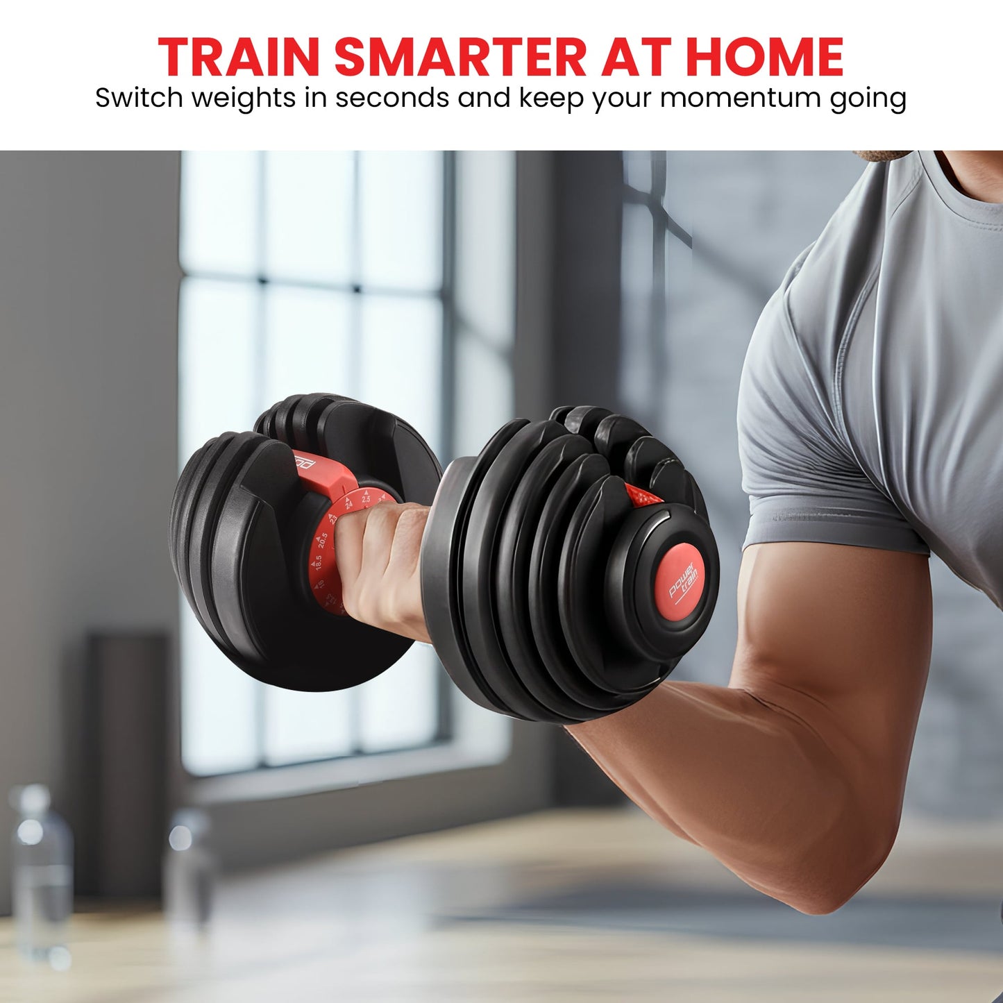 Powertrain 48kg Adjustable Dumbbells with Dumbbell Stand – Red