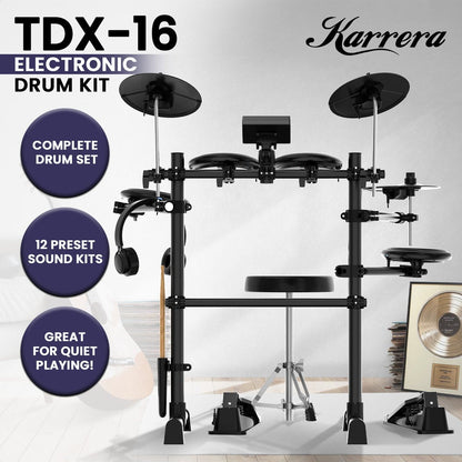 Karrera TDX-16 Electronic Drum Kit with LCD, Toms, Snares Quiet Mesh Pads & Pedals, Adjustable Stool, Headphones