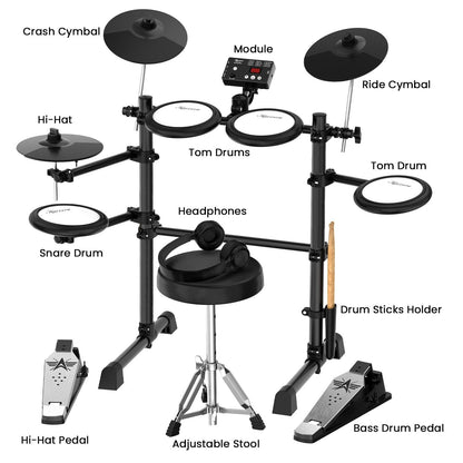 Karrera TDX-16 Electronic Drum Kit with LCD, Toms, Snares Quiet Mesh Pads & Pedals, Adjustable Stool, Headphones