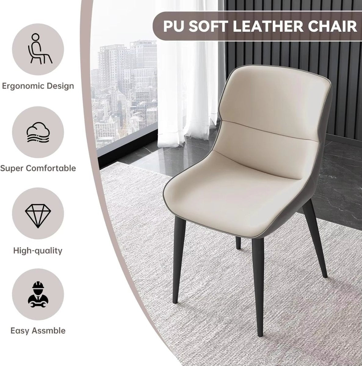 Dark Grey Italian Minimal List Dining Chairs PU Retro Chair Cafe Kitchen Modern Metal Legs x2