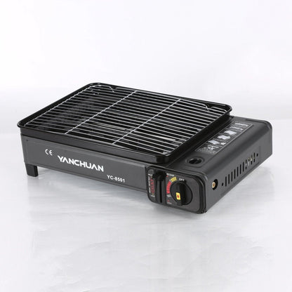 Portable Gas Stove Burner Butane BBQ Camping Gas Cooker With Non Stick Plate Black with Fish Pan and Lid
