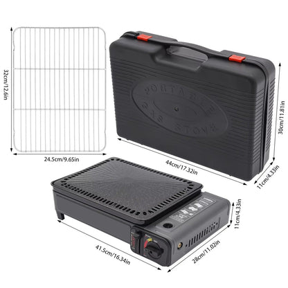 Portable Gas Stove Burner Butane BBQ Camping Gas Cooker With Non Stick Plate Black with Fish Pan and Lid