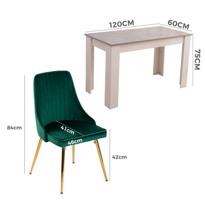Grey Rectangular Dining Table with 4x Green Velvet Chairs