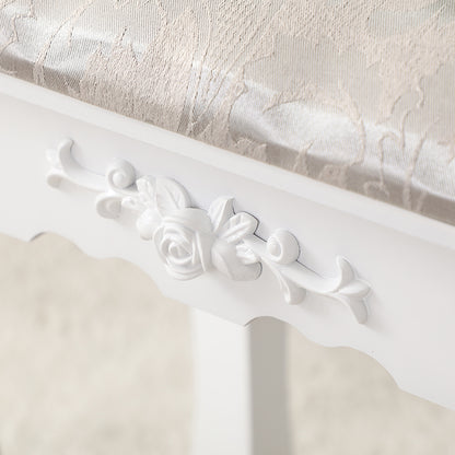 Carved Dressing Vanity Table Set with Mirror&Stool- White
