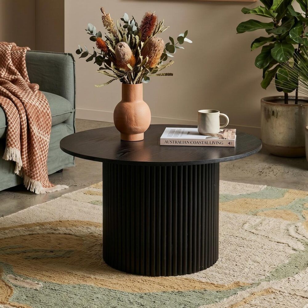 Luxe Black Ribbed Texture Wooden Coffee Table