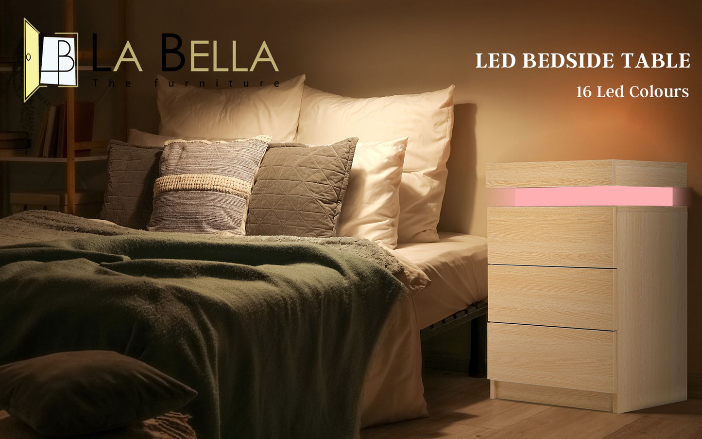 Bedside Table 3 Drawers RGB LED Bedroom Cabinet Nightstand Gloss GLORY OAK