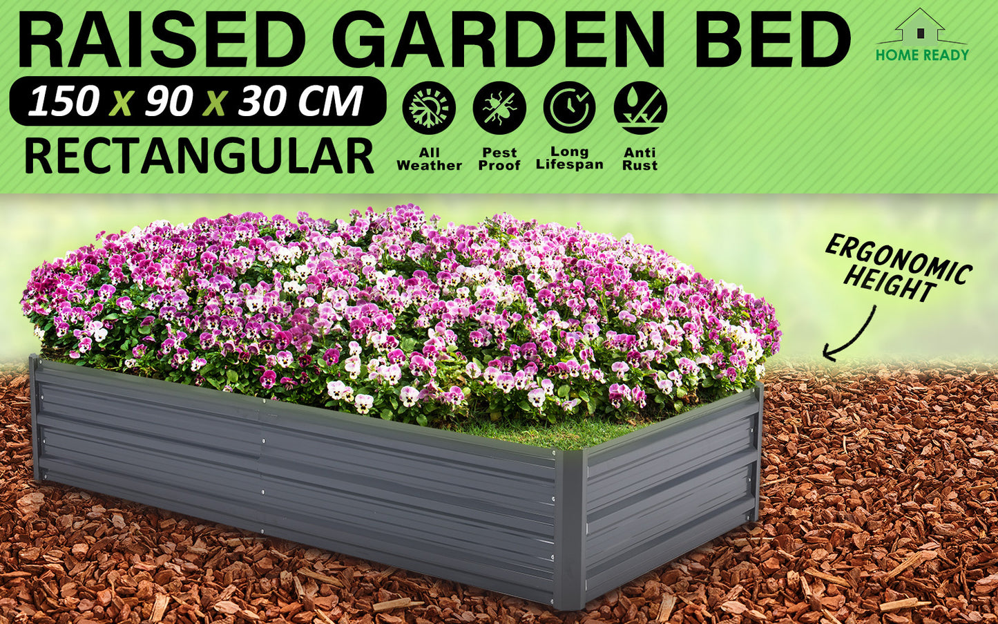 Raised Garden Bed Galvanised Steel Planter 150 x 90 x 30cm GREY
