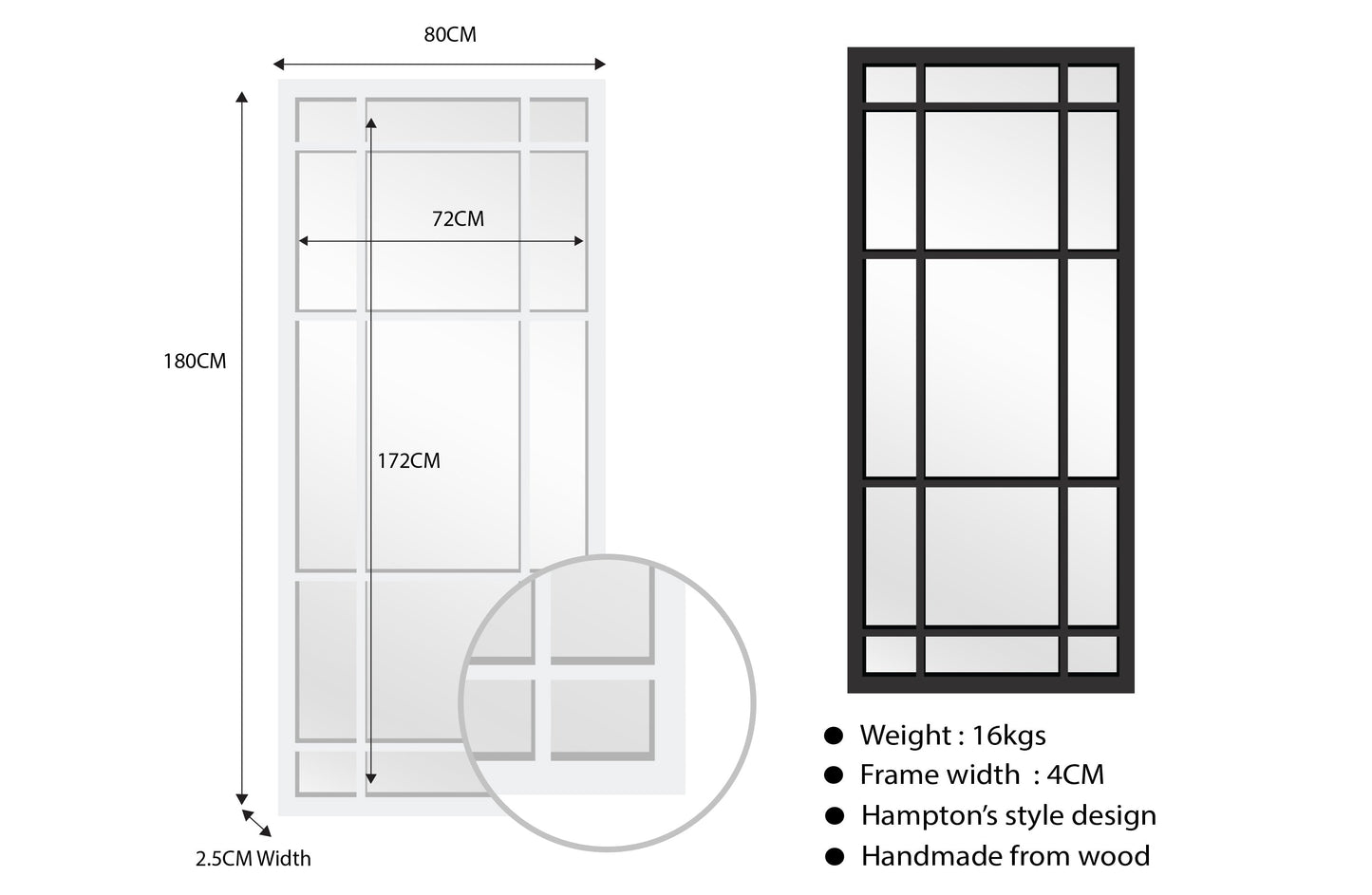 Window Style Mirror Full Length - Black 80 CM x 180 CM