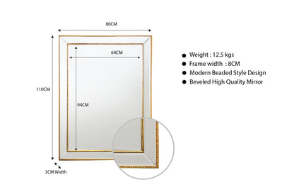 Gold Beaded Framed Mirror - Rectangle 80cm x 110cm