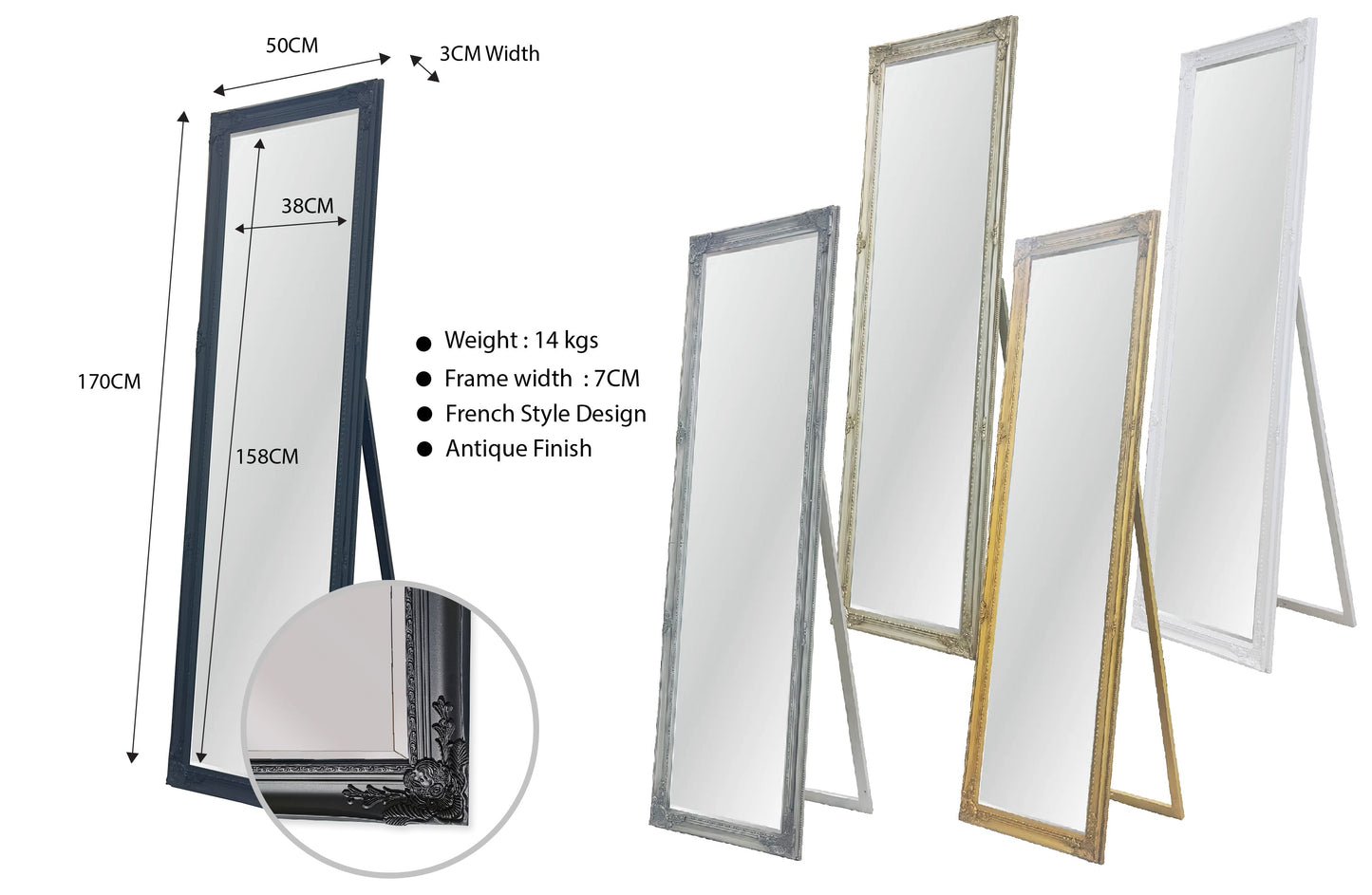 French Provincial Ornate Mirror - White - Free Standing 50cm x 170cm