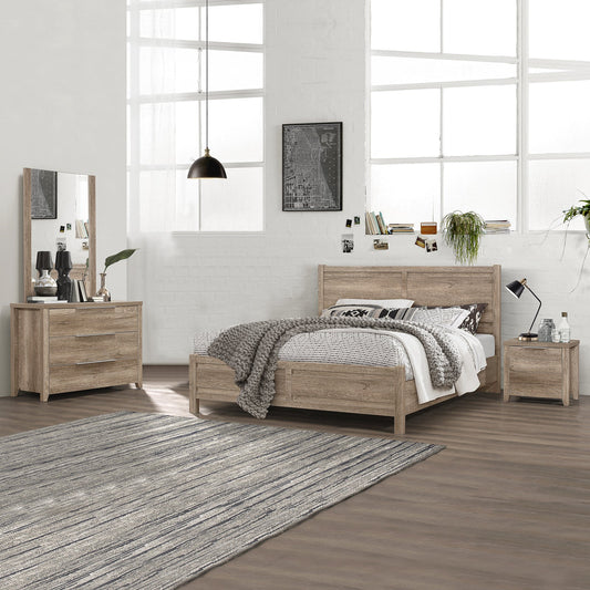 4 Pieces Bedroom Suite Natural Wood Like MDF Structure Queen Size Oak Colour Bed, Bedside Table & Tallboy